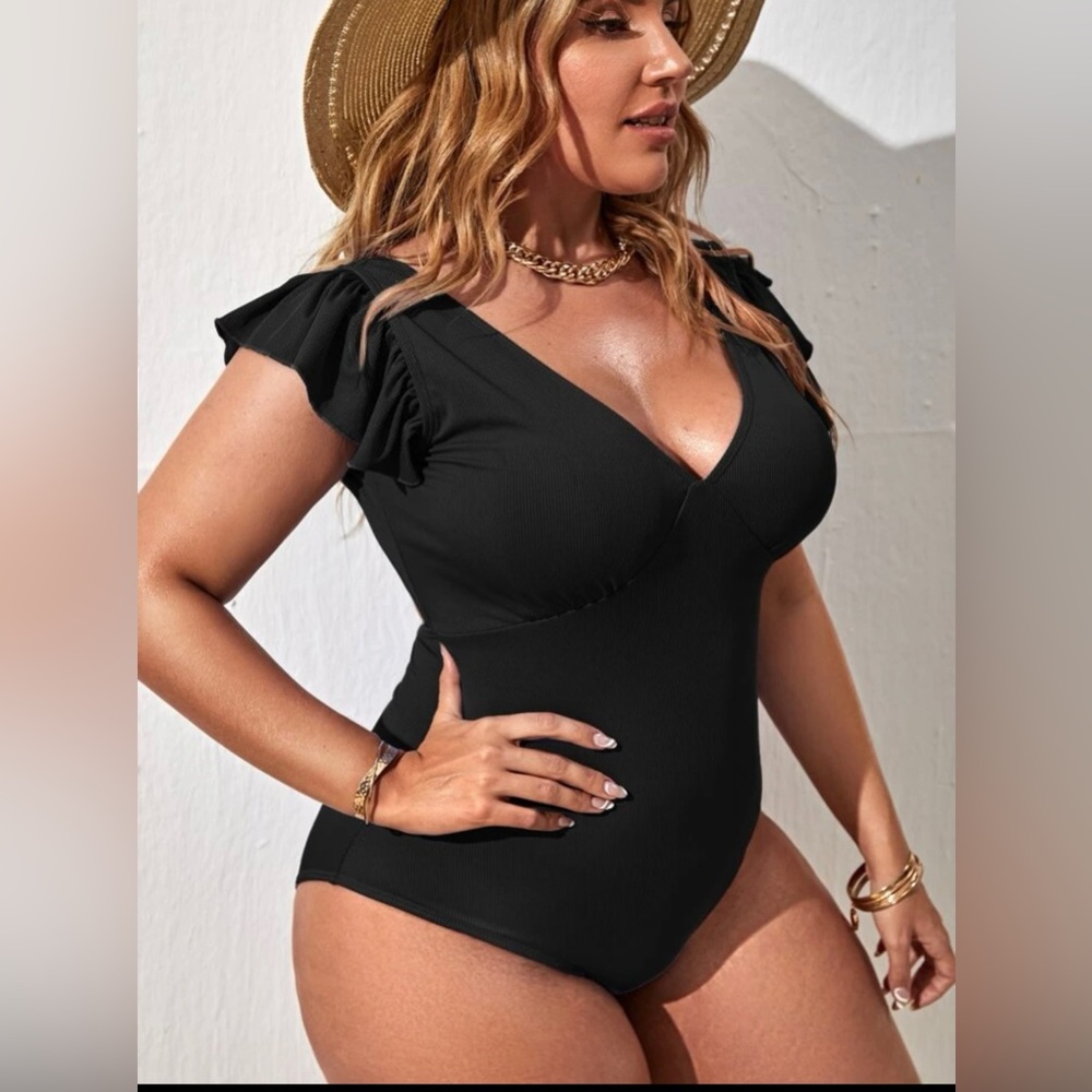 SHEIN plus Black one piece with ruffles. NWT.